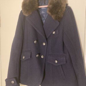 Navy American Eagle Wool Blend Peacoat with Fur